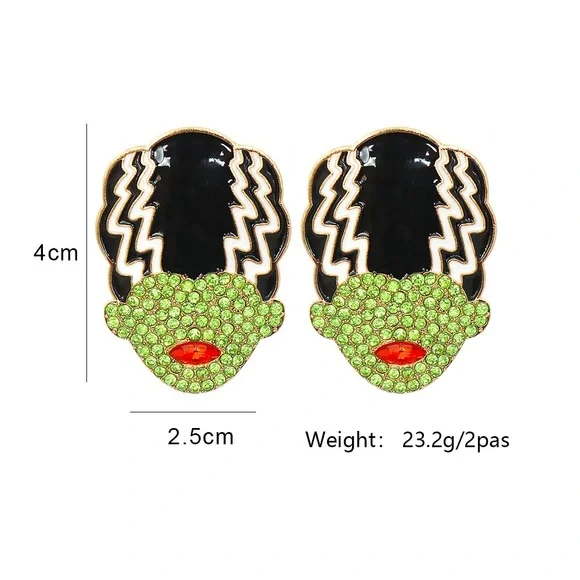 Frankenstein’s Bride Rhinestone Studded Halloween Earrings - Picture 3 of 9